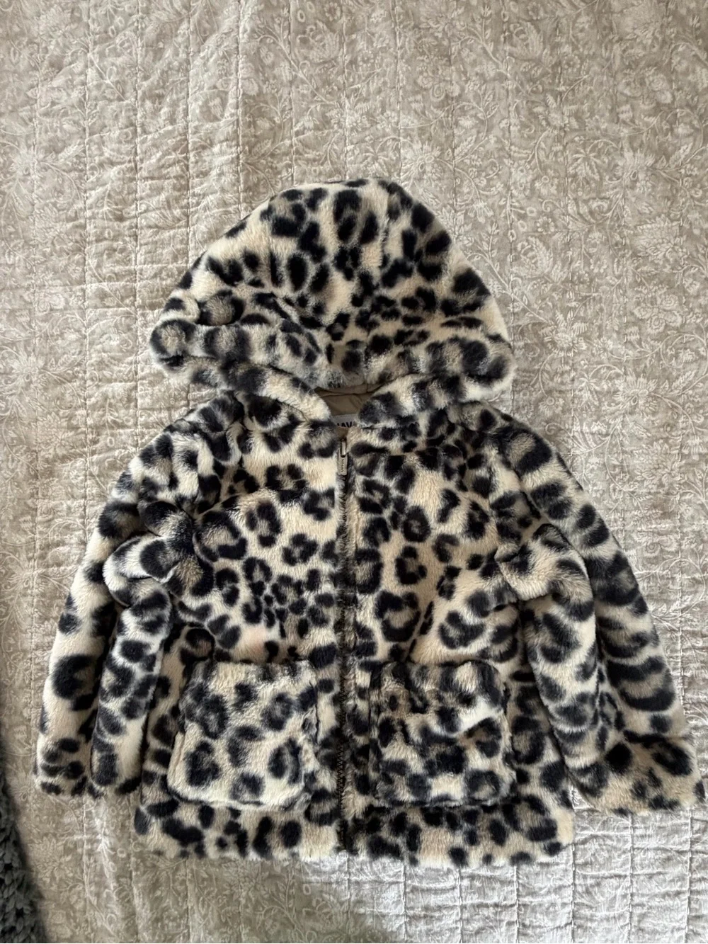 Old Navy Kids Faux Fur Leopard Hooded Coat - Black & Cream